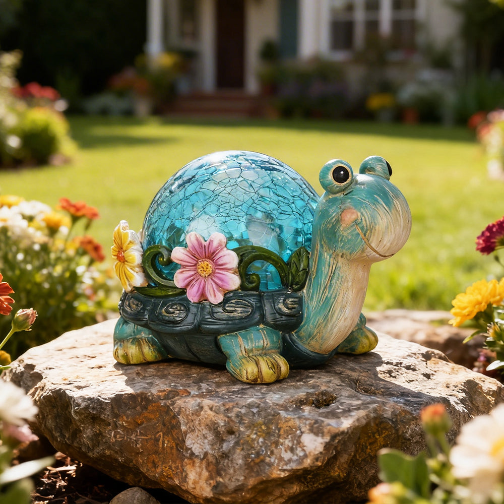 Solar Garden Statues Outdoor Figurines Turtle Lawn Ornament with Solar Lights Cracked Glass Outdoor Decor for Patio Yard Decorations