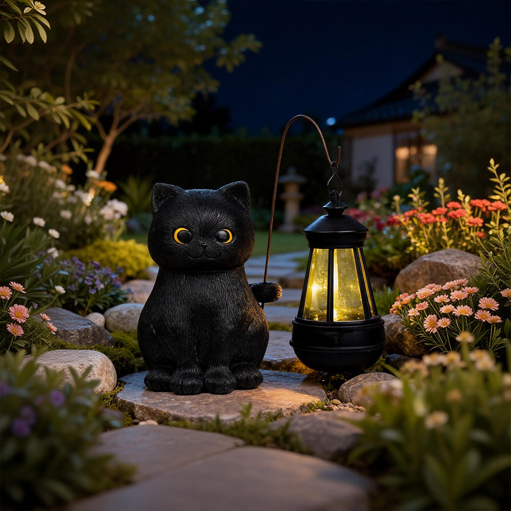 Solar Garden Statue Cat Figurine Black Cat Statues Garden Decor with LED Light Outdoor Statue for Yard Patio Balcony Lawn Ornament